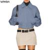VONDA Spring Women Lapel Neck Long Sleeve Zip-up Thin Casual Cropped Jackets Coats