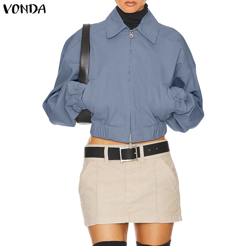 VONDA Spring Women Lapel Neck Long Sleeve Zip-up Thin Casual Cropped Jackets Coats