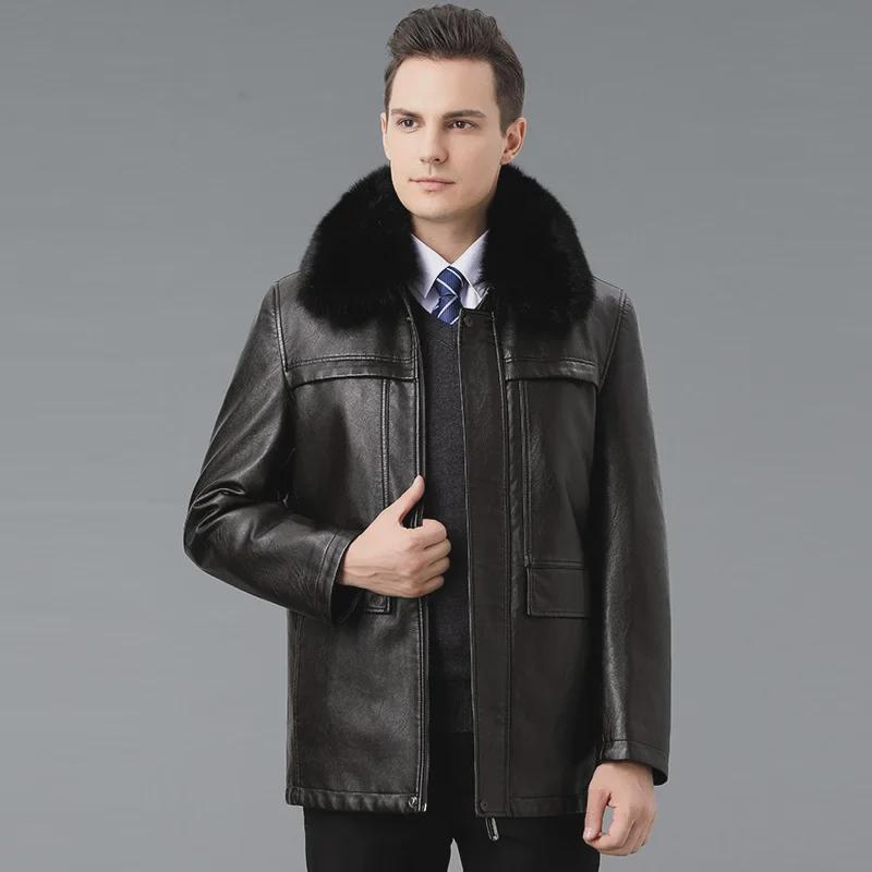Chaqueta de cuero genuino de invierno para hombre con cuello de piel desmontable y forro de plumón: ideal para personas de mediana edad y mayores.