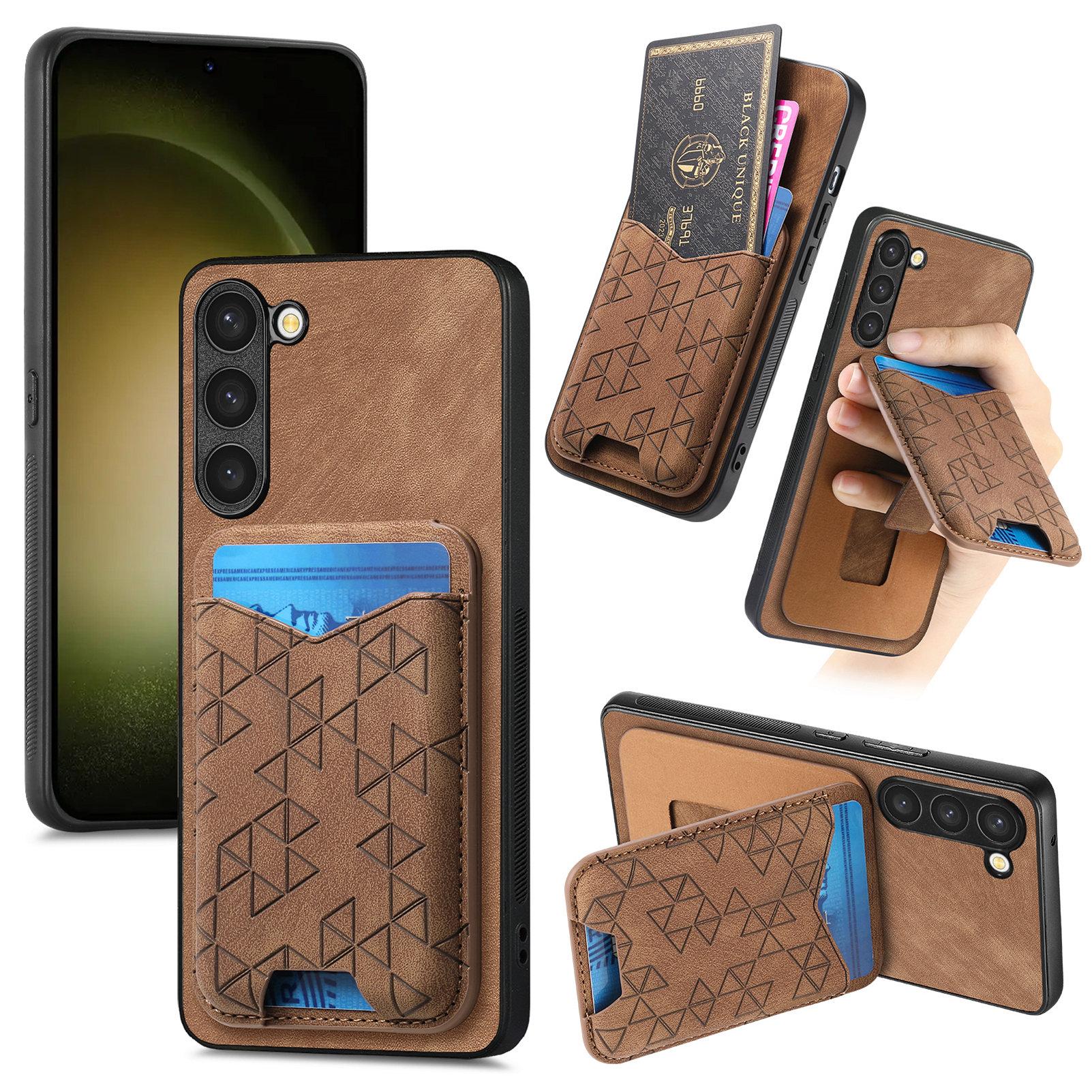 

For Samsung Galaxy S23+ Case Imprinted Pattern Card Holder Kickstand Leather Back Cover Brown