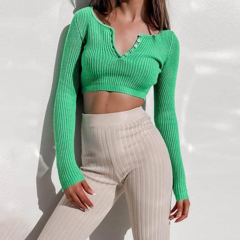 Graceful Personality Best Selling Women's Clothes Sexy Silm Solid Color and V-neck Knitting Breasted Pullover Short Long Sleeve Top