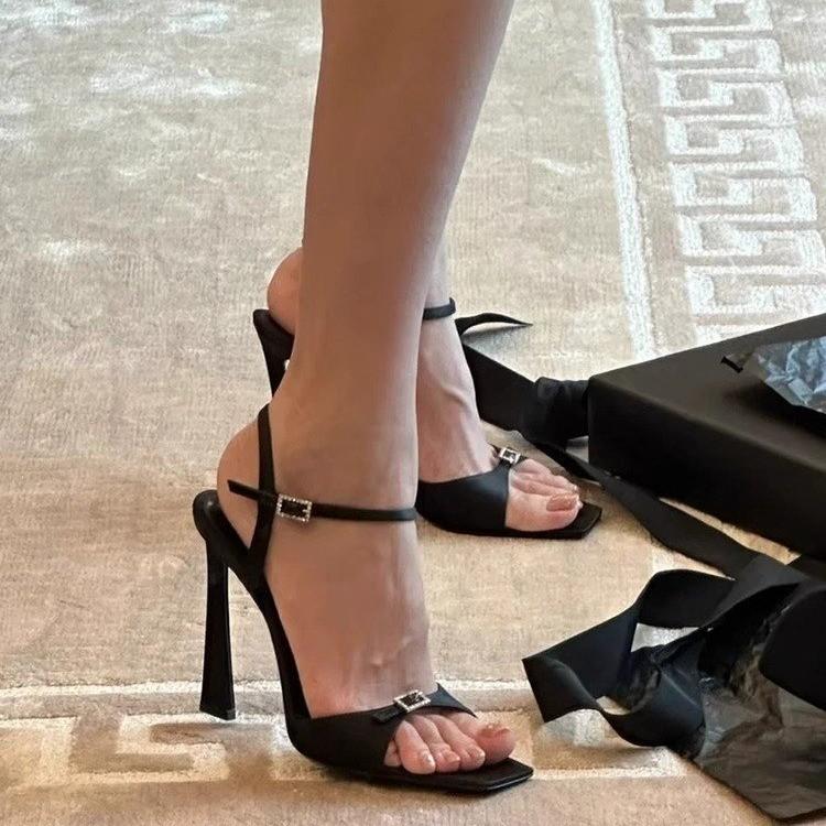 2025 Summer New European and American Square Head Open-toe One-word Buckle Rhinestone High-heeled Women's Shoes Satin Sexy Versatile Thick-heeled S