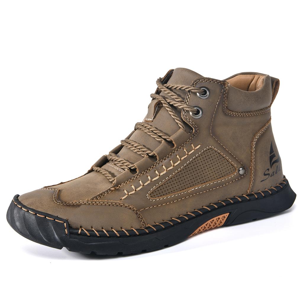 New Hand-stitching Casual Leather Shoes Men Boots Outdoor Autumn Retro Breathable Casual Shoes Lace Up Khaki Ankle Boots Winter
