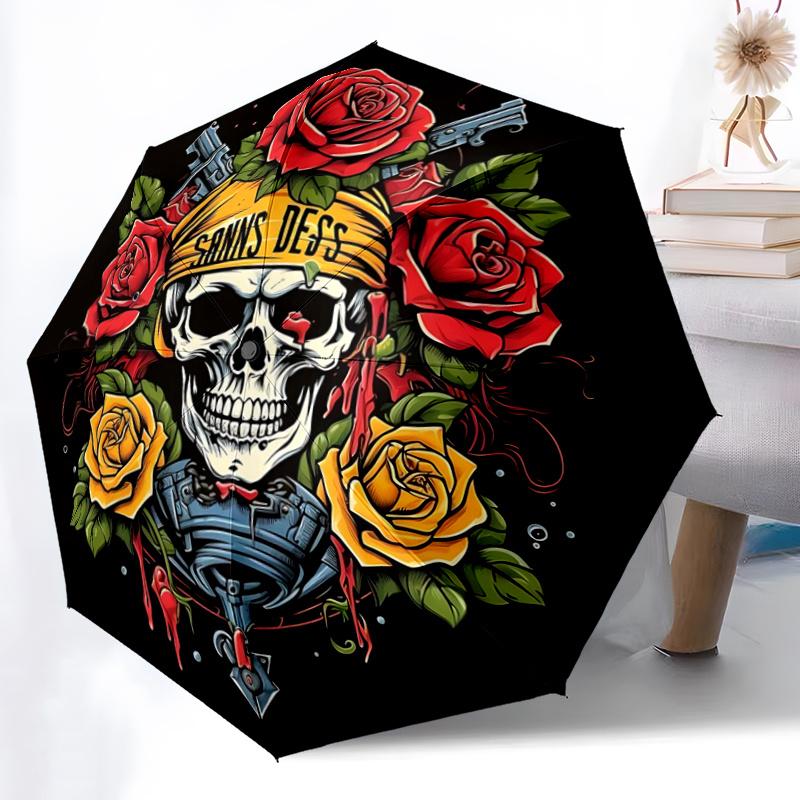 1pc Skull with Bandana and Roses Pattern Automatic, 8 Iron Frames, High-Value Folding Umbrella, Suitable for Office, Travel and Outdoor Adventure.Z075