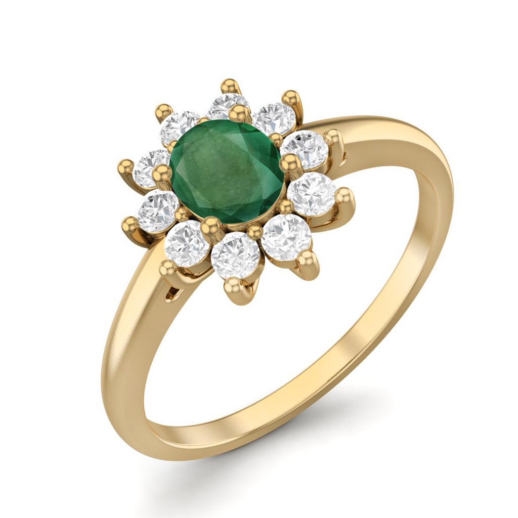 0.45 Cts Oval Emerald 925 Sterling Silver Gold Vermeil Solitaire Halo Engagement Women Ring
