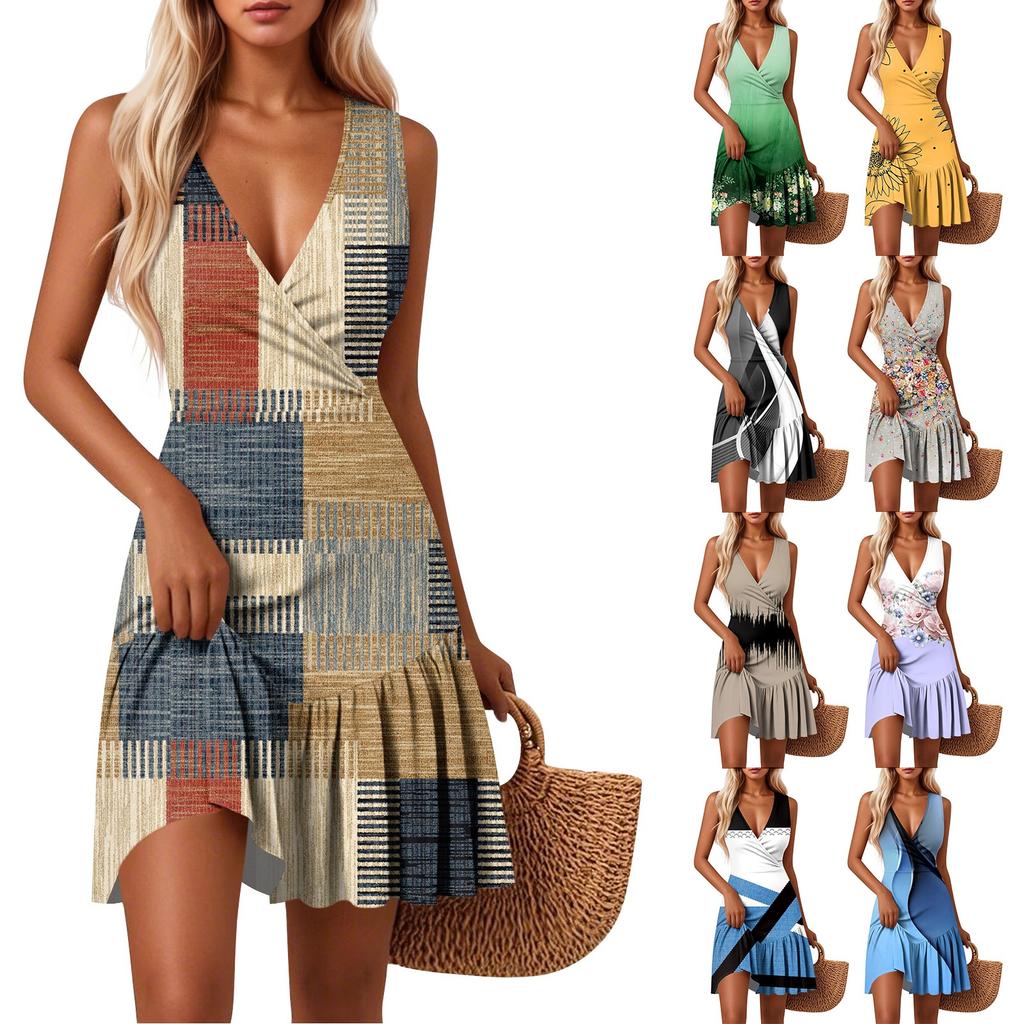 Dámské šaty s výstřihem do V, v pase projmuté, s květinovým potiskem, bez rukávů, s lemem se vsadkou