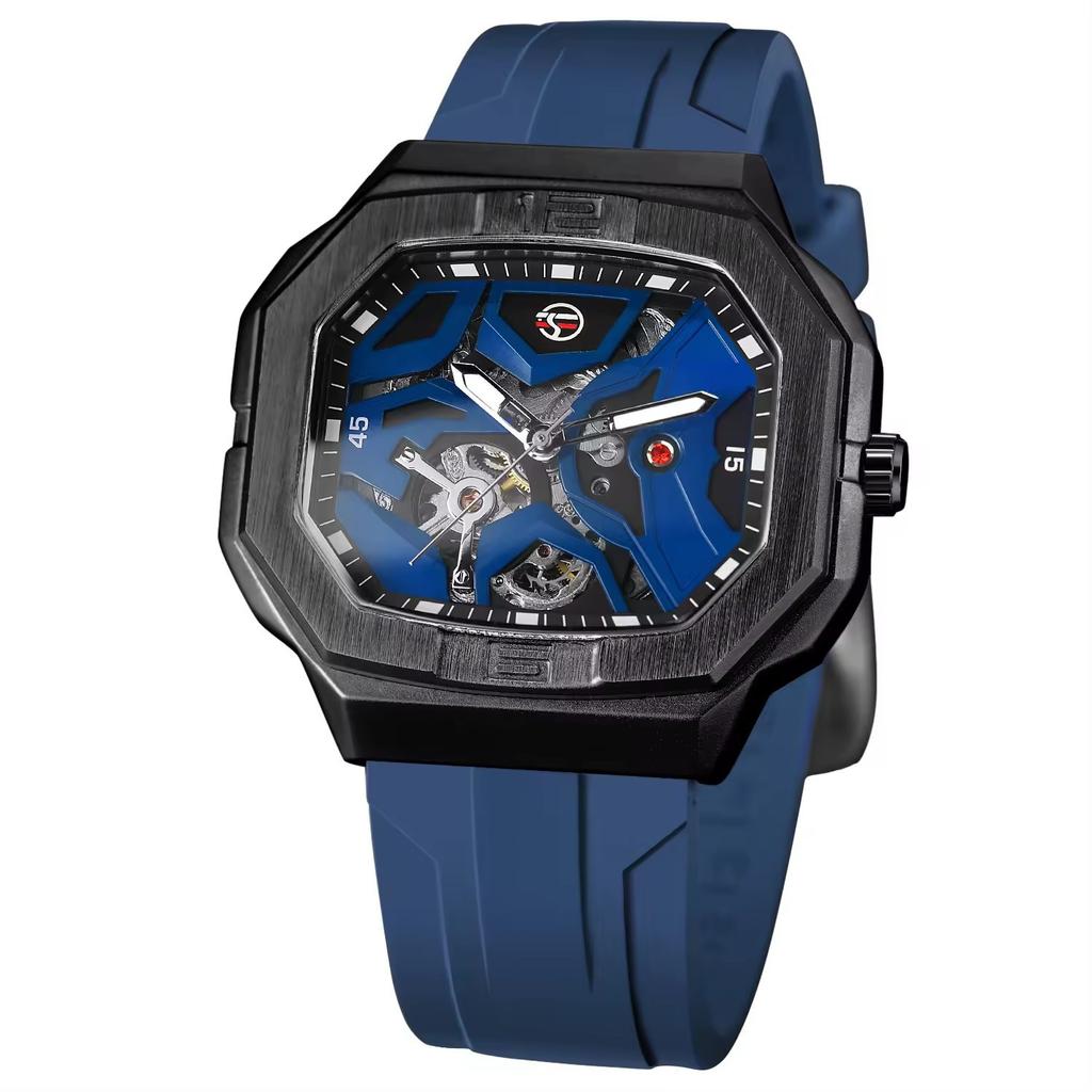Forsining Mens Skeleton Automatic Self Wind Mechanical Movement Watches Waterproof Luminous Square Dial Silicone Strap Wrist Watch