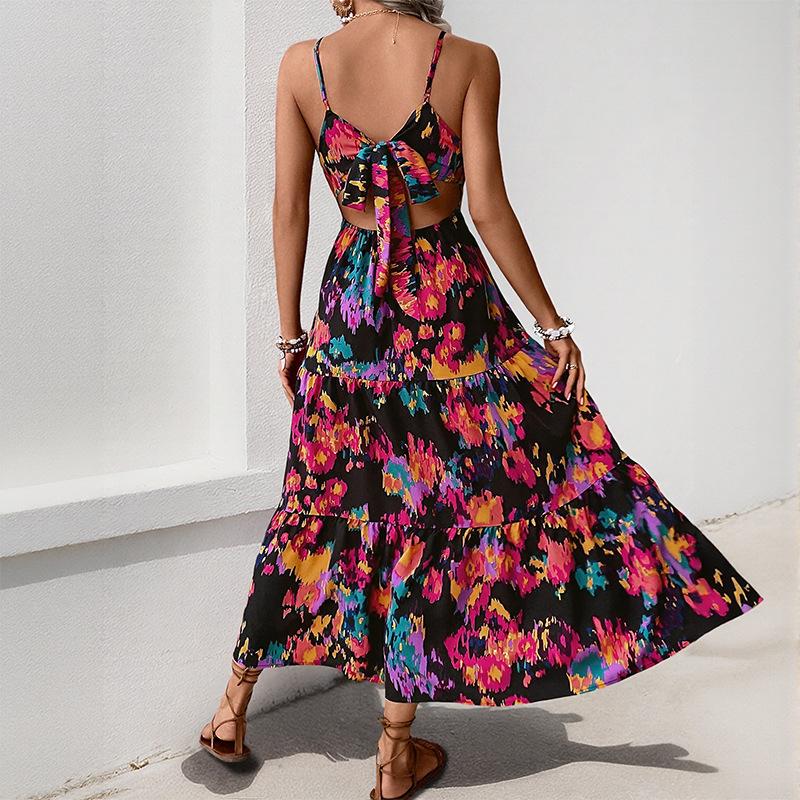 Skirt printed A-line long skirt with slit suspender backless dress