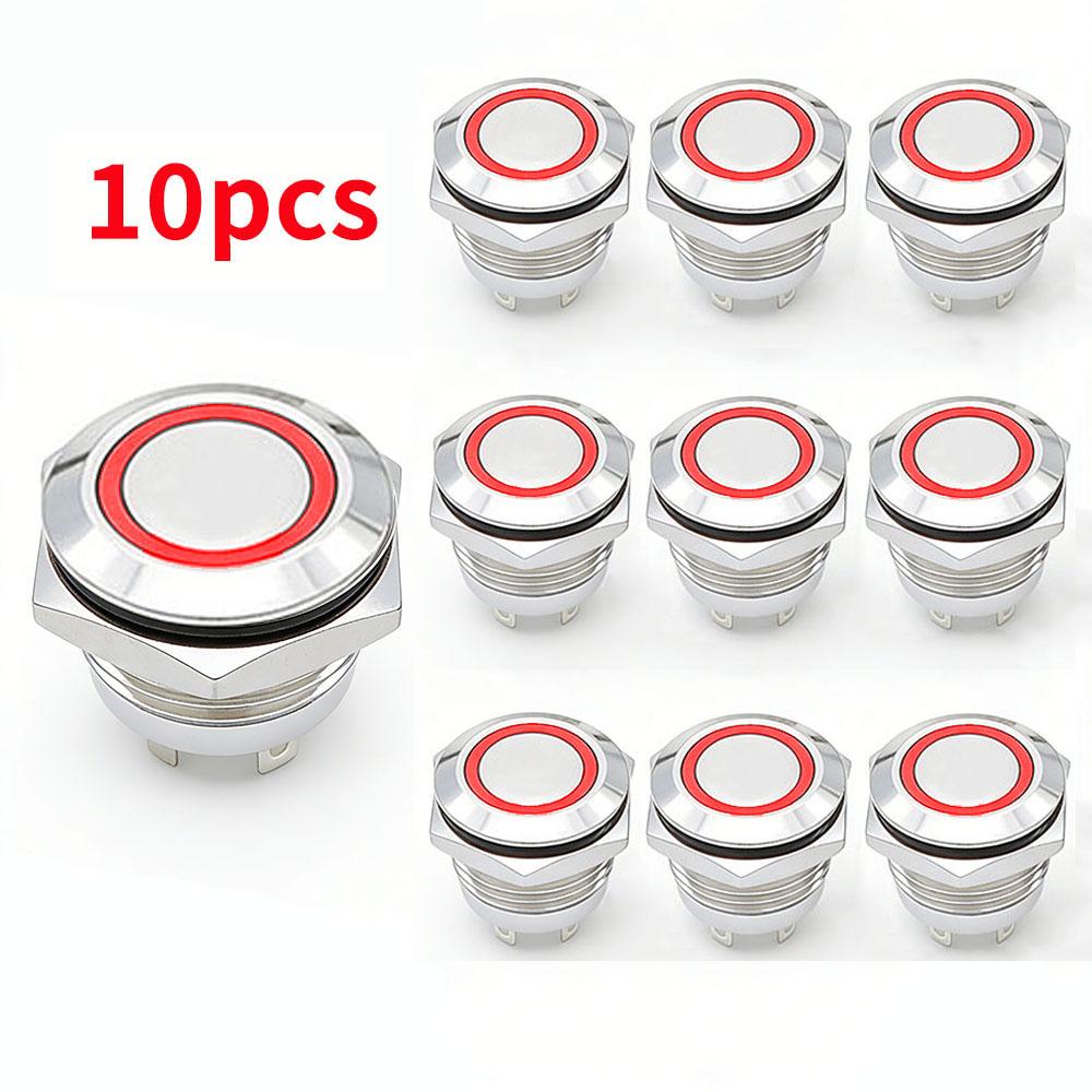 10PCS 1NO High Flat Head Waterproof Momentary Reset Short Metal Push Button Switch 12mm 16mm 19mm 22mm LED Light 6V 12V Switch 3V-6V