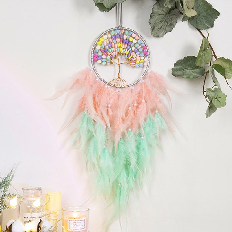 Tree of Life Dream Catcher Handmade Pink Gravel Wall Hangings Feather Craft Home Decor Wind Chimes DreamCatchers Room Decorate