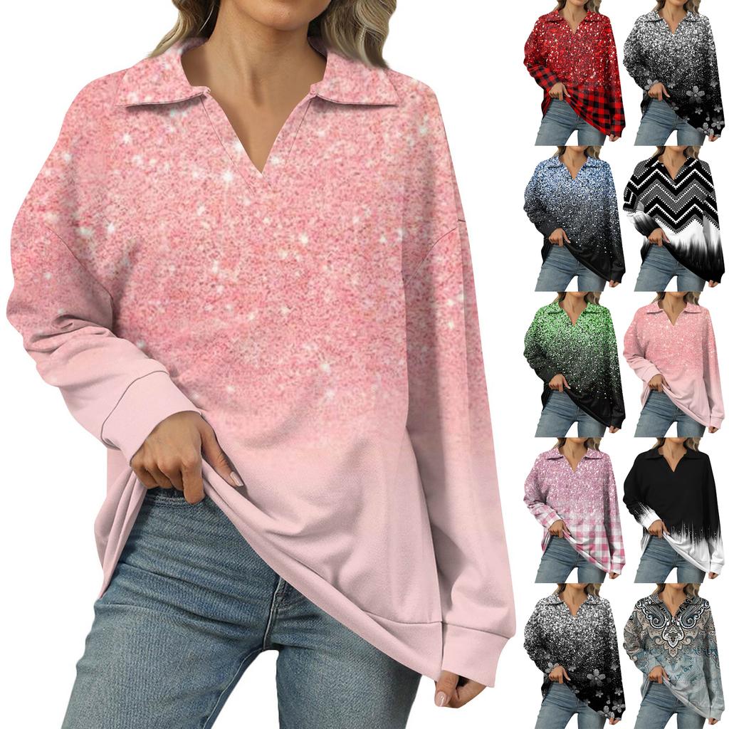 Women's Summer Fashion Casual  Printed V-Neck Long Sleeve Shirt Top