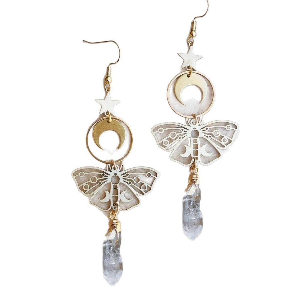 Bohemian Moon Earrings, Celestial Crystal Earrings, Witchy Goddess Quartz Dangle, Statement Earrings