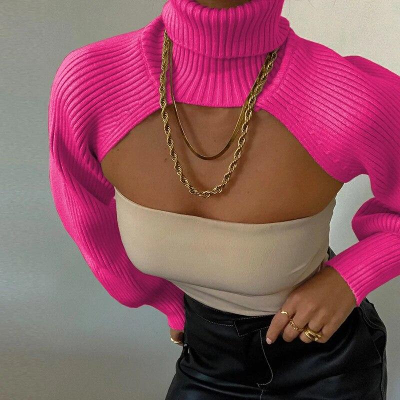 2026 Turtleneck Lantern Long Sleeve Knitted Short Sweaters Women Autumn Pullover Sexy Tops New Y2k Woolen Sweater Vest 30567