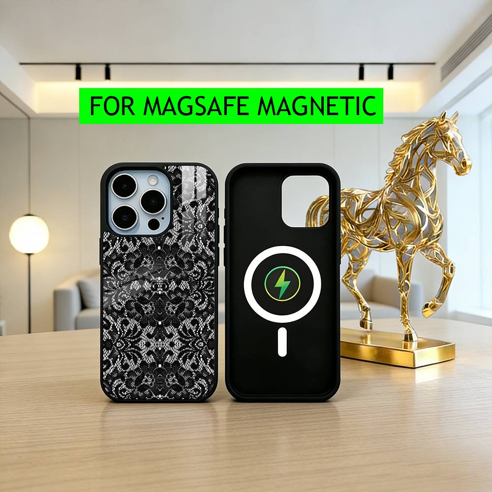 Beautful Black L-lace Print Phone Case For iPhone17,16,15,14,13,12,11 Plus,Pro Magnetic For Magsafe Wireless Charging