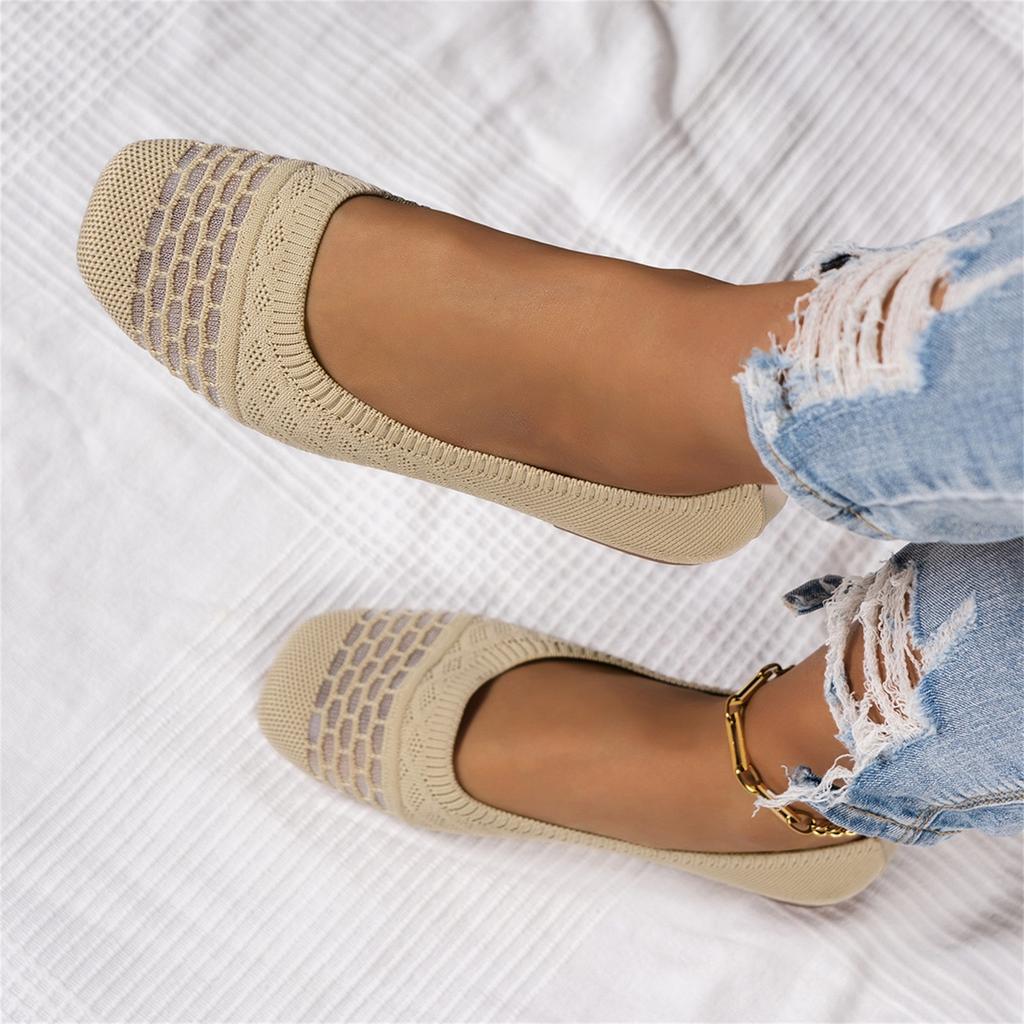 Breathable Wide Fit Square Toe Casual Flats for Women Slip On Lightweight Flexible Knit Upper Comfortable Walking Shoes