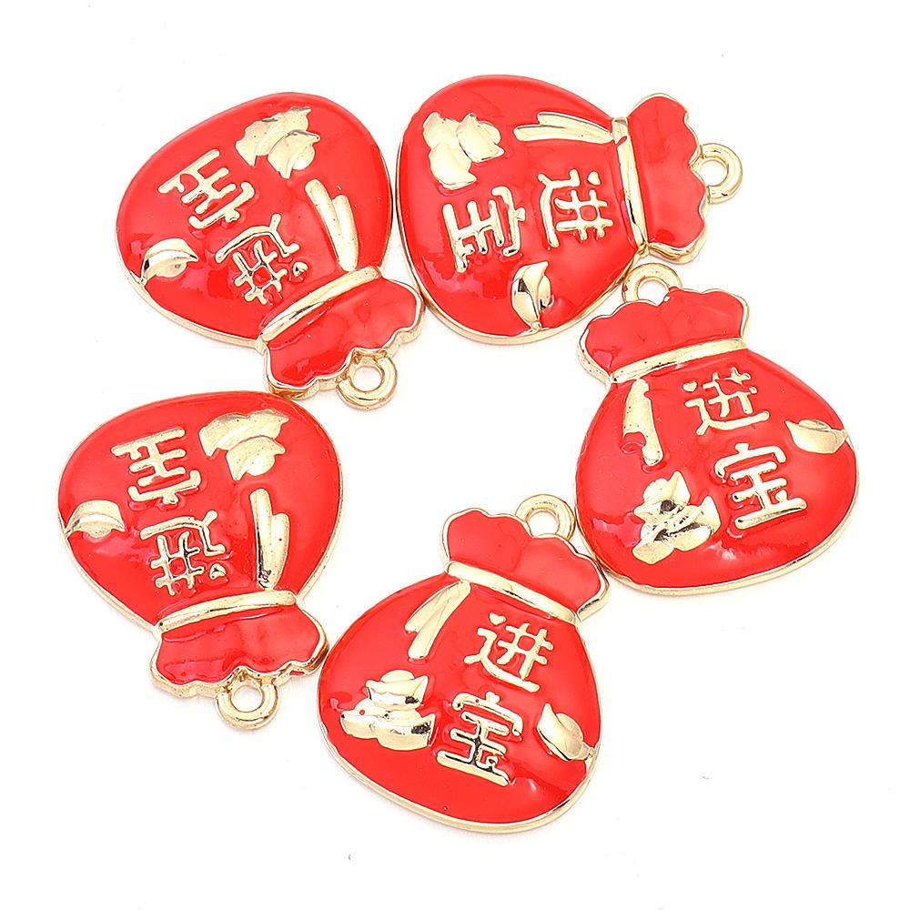 5pcs Alloy Enamel New Year Charms Red Chinese Style New Year Wishing Words Pendants For Jewelry Making DIY Spring Festival Gift