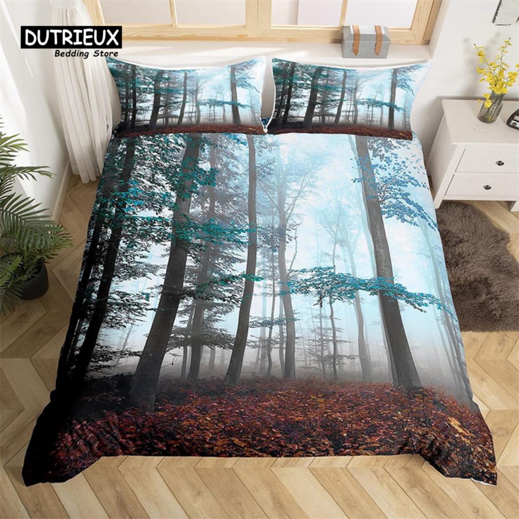 Dense Birch Trees with Red Leaves Duvet Cover Tree Lush King Bedding Set Polyester Jungle Nature Botanical Print Comforter Cover