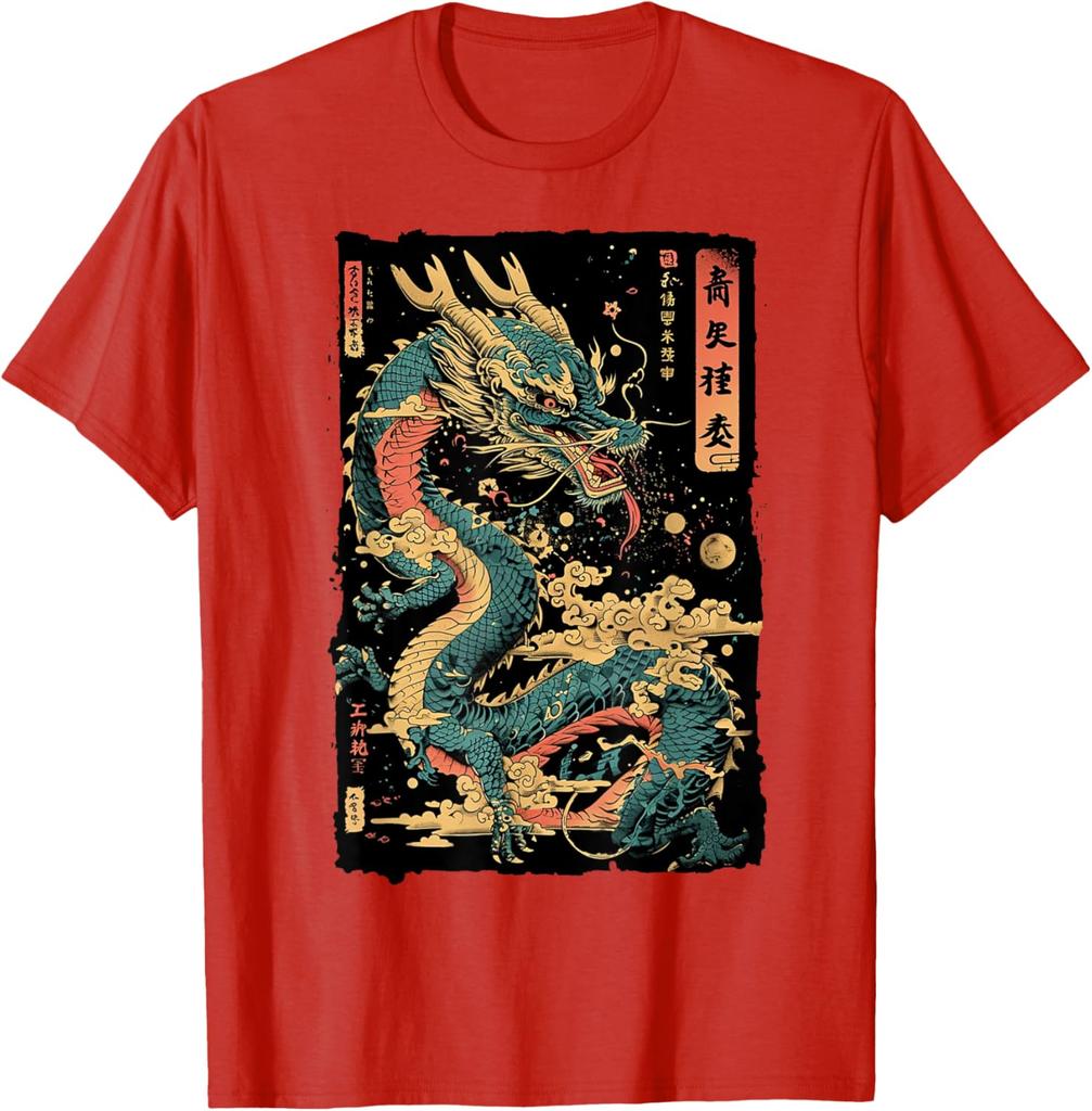 Japanese Dragon Graphic Tee Mens Casual Cotton Print Short Sleeve Crew Neck TShirt