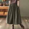 Vintage Plaid Midi Skirts Women Baggy High Waist A-line Thicker French Style Pockets Mujer Bottoms Fashion Elegant