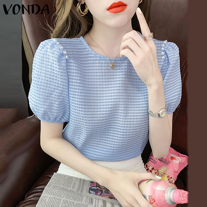 

VONDA Летние женские клетчатые топы с короткими рукавами-фонариками