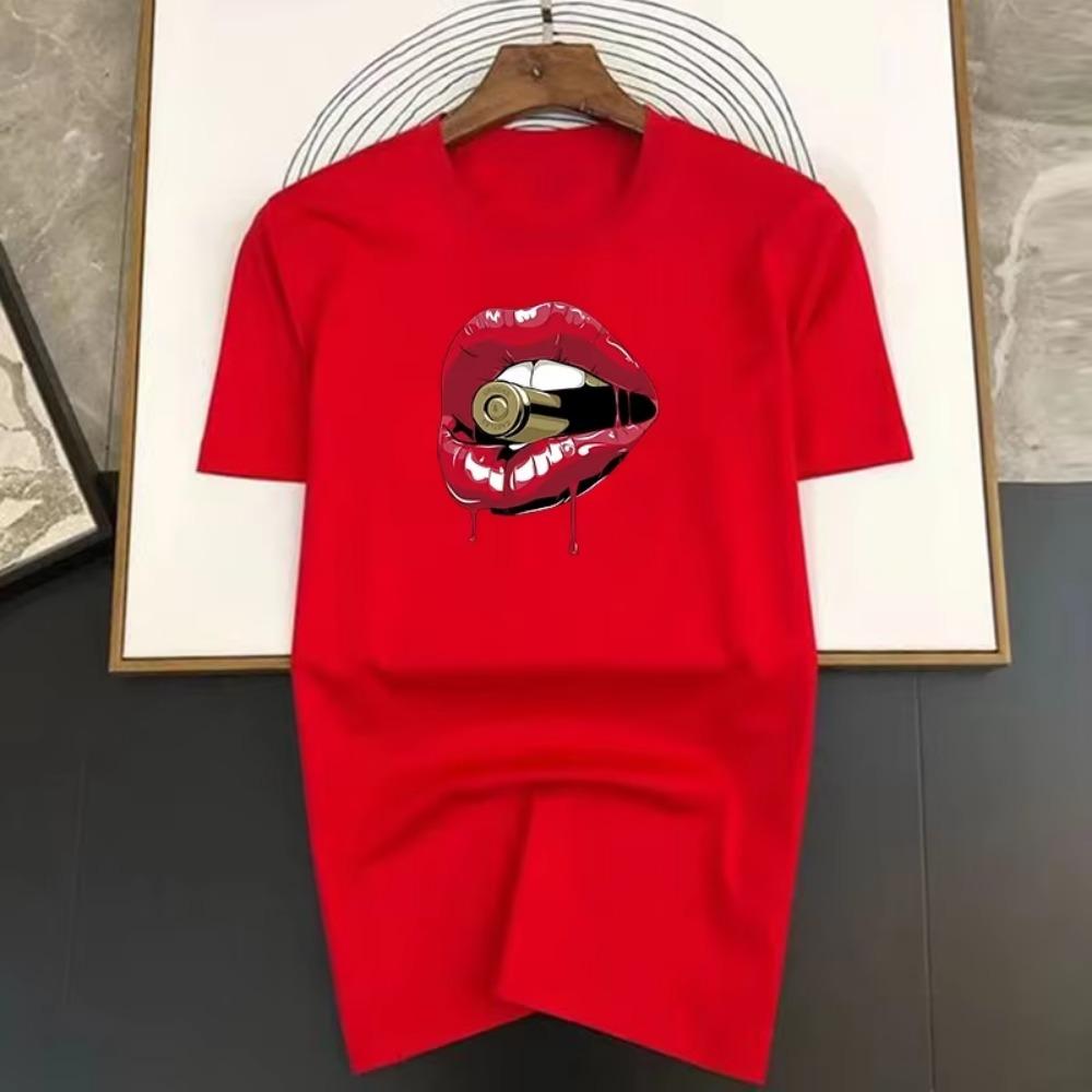 Brand T Shirts for Men Summer Fashion Sexy Lips Bite Bullets Print Shirt Cotton High Quality Woman Clothing Tops Streetwear