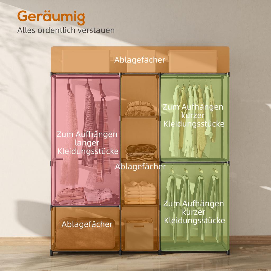 Portable Wardrobe, Open Clothes Wardrobe with 8 Shelves, 3 Hanging Rails, Black