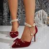 Fashion New Red Wedding Shoes Women Fashion Pointy Stiletto High Heels Sandals Shallow Bow Elegant Pearl One Word Buckle Bride Shoes