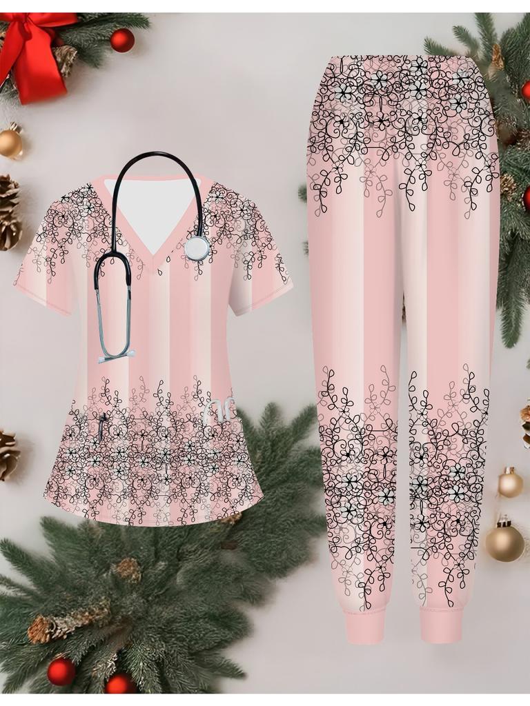 3D Flower Printed Women's Nurse Uniform Set Short Sleeve Long Pants with Pocket Casual Fashionable Christmas Gift