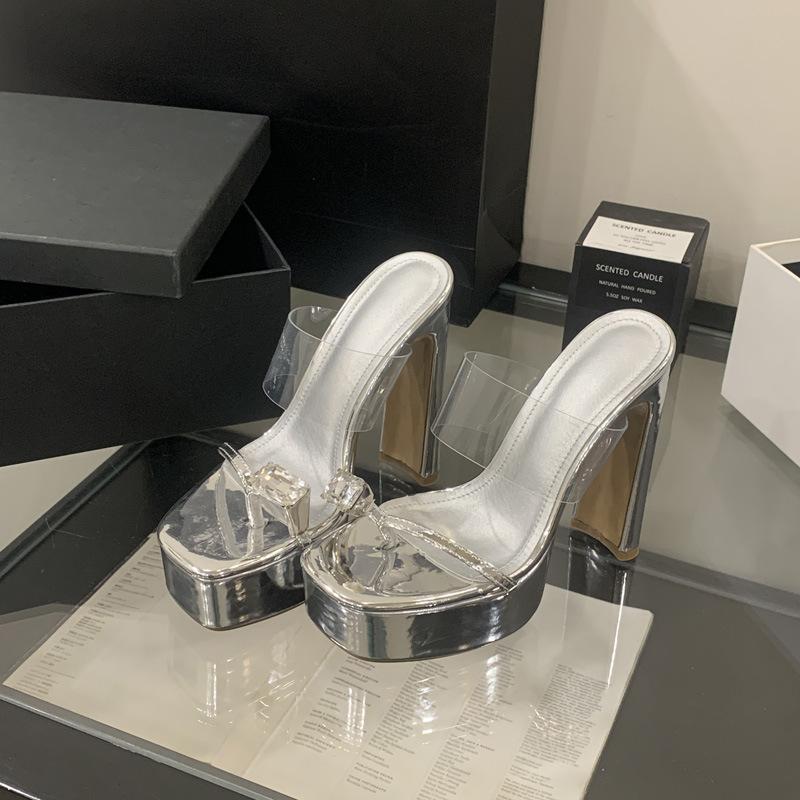 

Туфли-лодочки на одной педали, женские новые, с квадратным носком, водонепроницаемые, на платформе, женские туфли с пряжкой со стразами, закрывающие пальцы, босоножки на толстом каблуке 40 серебряный