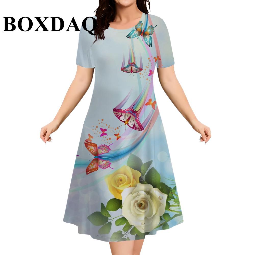 Women s Summer Fashion Elegant and Casual 3D Butterfly Pattern Short-Sleeved Dress 2026 Clothing S
