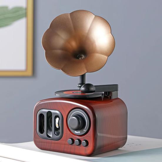 Vintage Gramophone Music Box Retro Mini Ornament, Wood Grain Phonograph Shaped Decorative Bar And Cafe Decor Box, Desktop Figurine for Shop