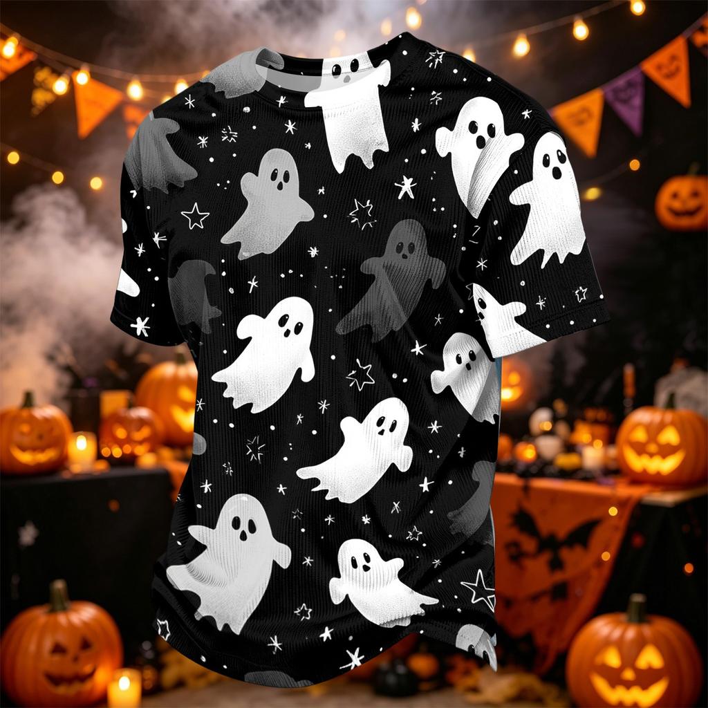 Men Casual Corduroy Short Sleeve Lightweight Breathable Round Neck Top Halloween Pattern Printed Shirt