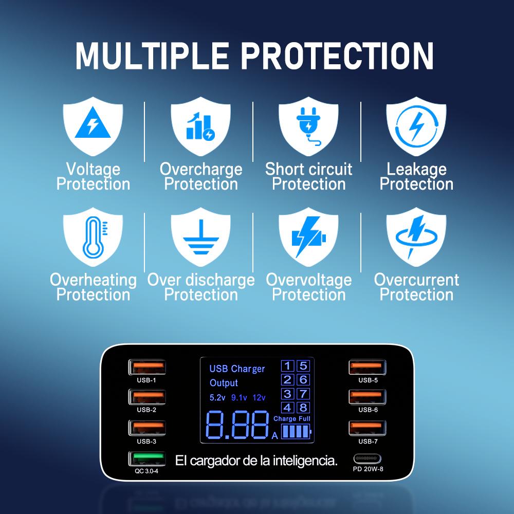 Φορτιστής USB Γρήγορης Φόρτισης 8 Θυρών QC3.0 Γρήγορη Φόρτιση Type C Έξυπνος Σταθμός Φόρτισης Ψηφιακή Οθόνη LCD USB Πολλαπλών Θυρών για Τηλέφωνο