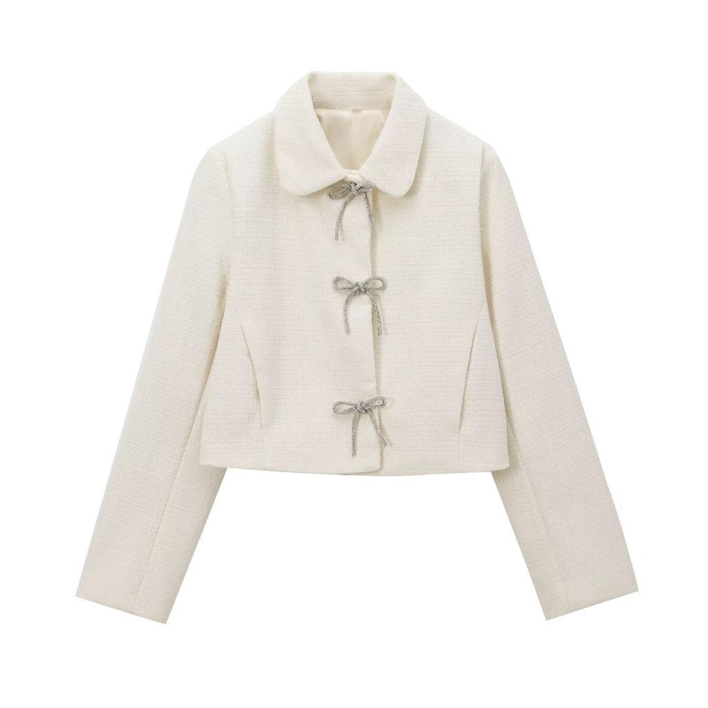 New autumn models, women's clothing, textured jacket with bow buttons