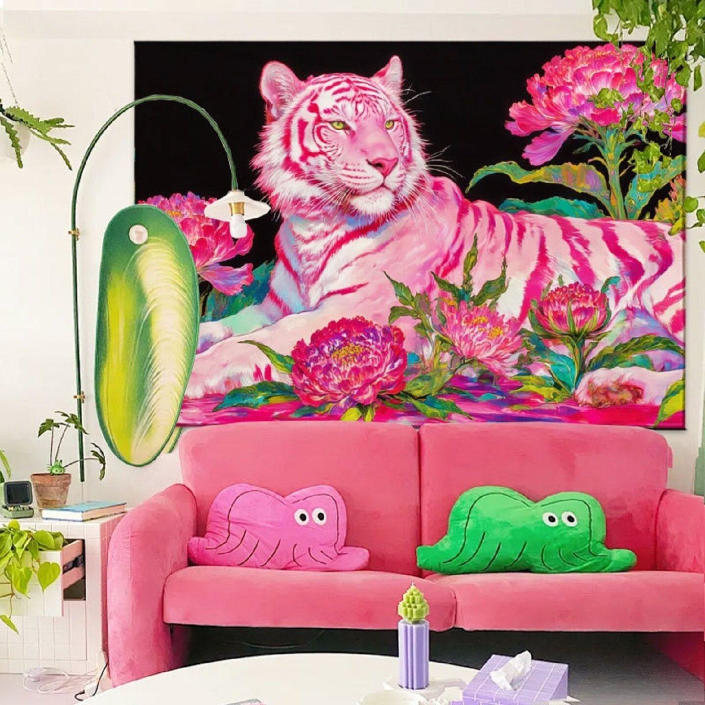 

Luxury Colorful Abstract Tiger And Flowers Artwork Horizontal Decorative Tapestry for Living Room Wall Hanging 74x94cm(29x37in)