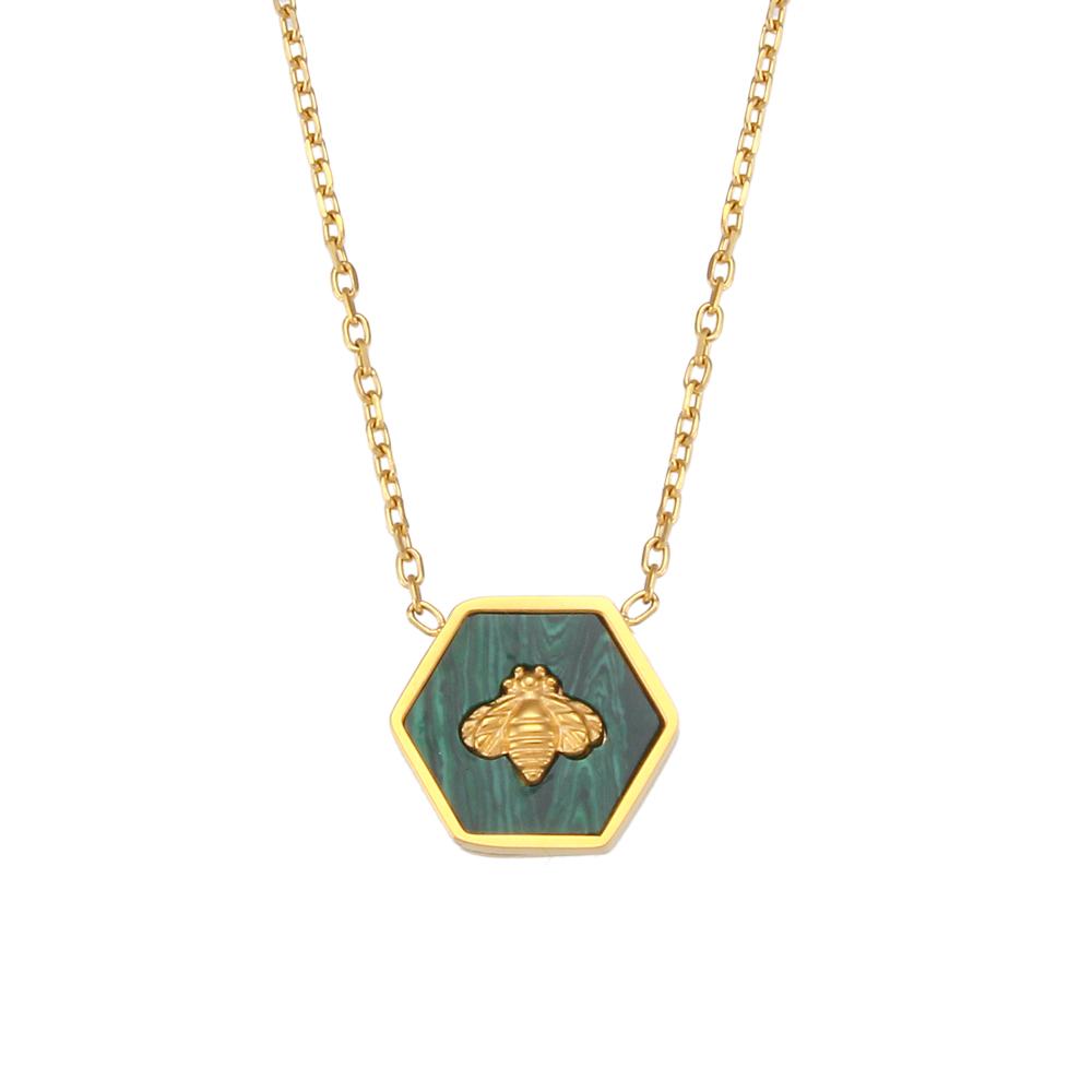 

MamacitaSlay Vintage Hexagonal Honeycomb Bee 18K Gold Plated Pendant Necklaces Women Stainless Steel O-Chain Clavicle Necklaces 42cm зелений