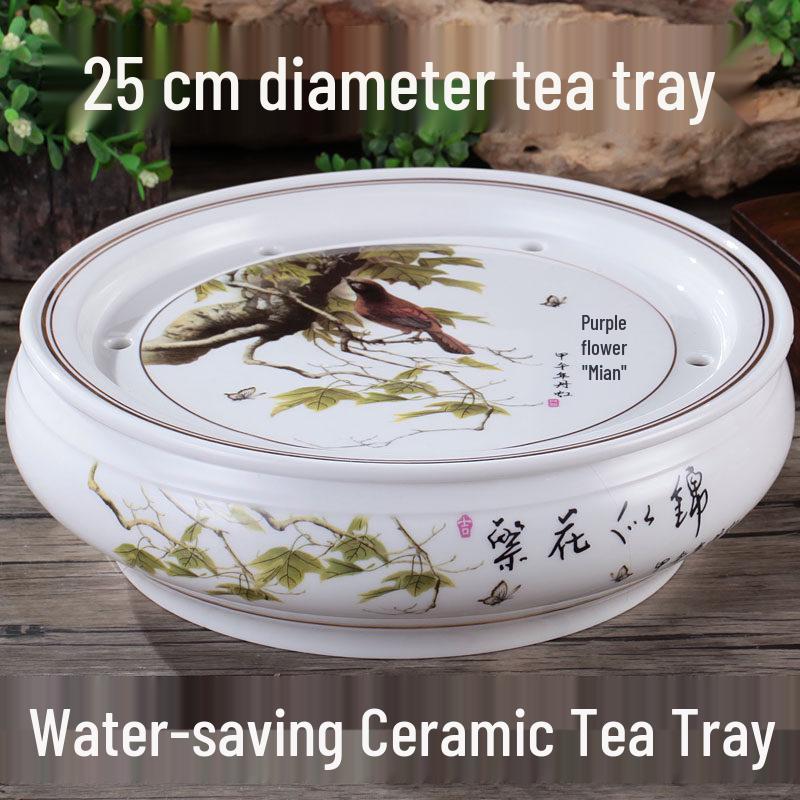 

10-Inch Round Gongfu Ceramic Tea Tray with Double-Layer Water Storage Golden Vienna (Red Edge)