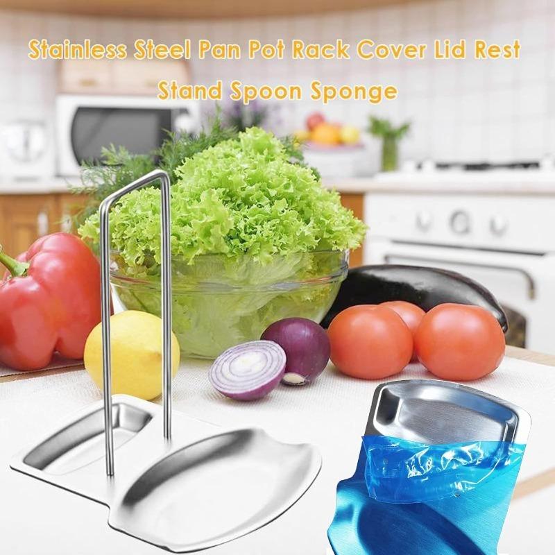Stainless Steel Kitchen Pan Lid Holder and Spoon Rest Cookware Organizer Desktop Uncluttered Solution Space Saving Racks