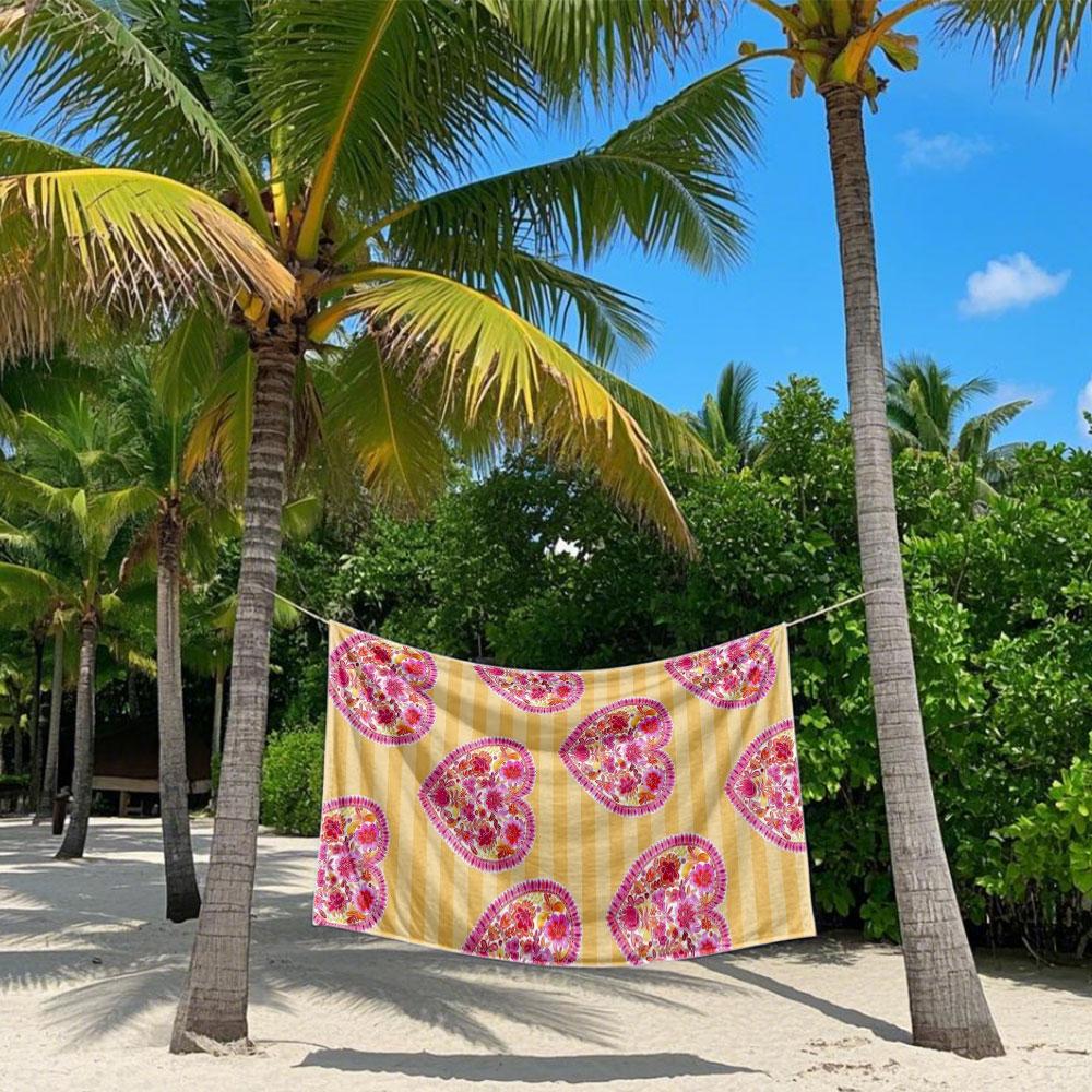 Floral Hearts On Yellow Stripes Quick Drying Bath Towel Microfiber Beach Towel Light Weight Swimming Camping Yoga Beach Out