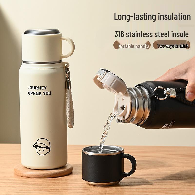 

316 Stainless Steel Insulated Water Cup with Straw - Large Capacity for Men, Women, and Students - Portable for Outdoor Sports Elegant White 450ml Handle Flip Lid