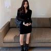 Elegant Black Long-Sleeve Slip Dress: Slim-Fit, Bodycon, Perfect for Spring and Autumn