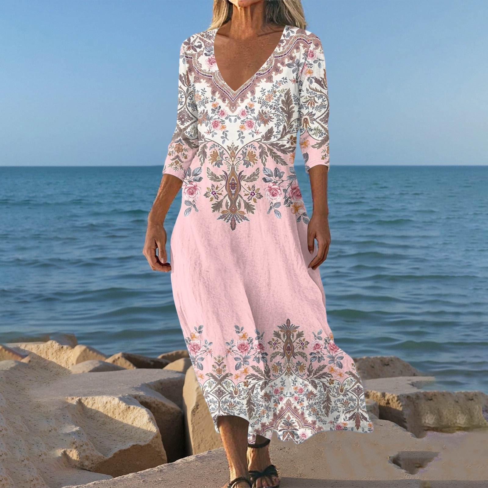 

Dresses For Womens Vintage Print Tunic Waisted Midi Dress Summer Casual 3/4 Sleeve Dress M рожевий