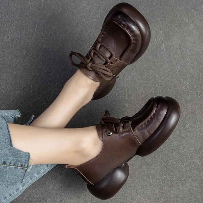 Johnature Pantofi de damă casual, cu șireturi, cu talpă groasă, retro, din piele naturală