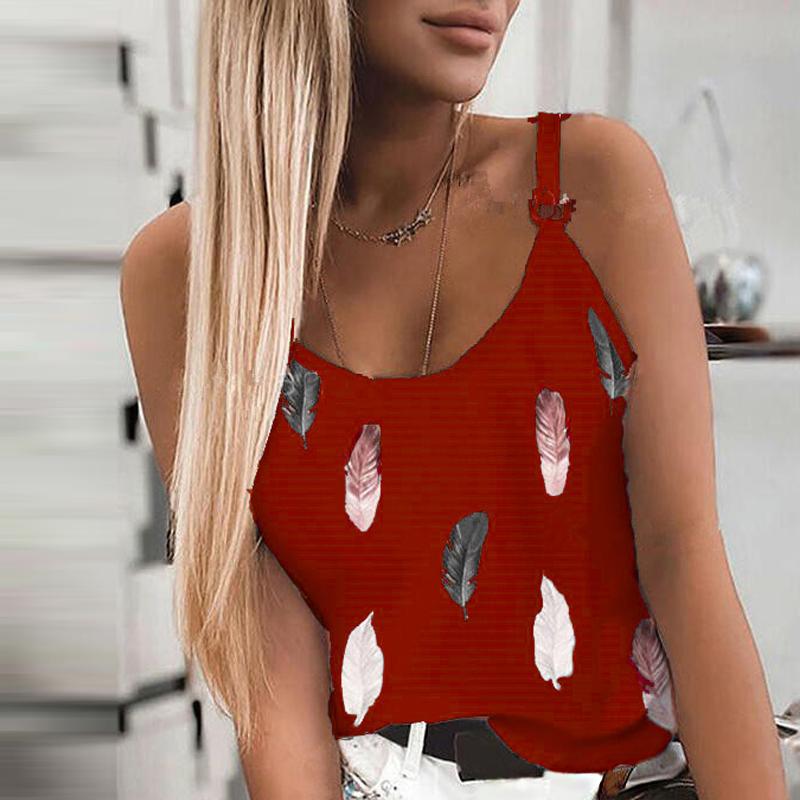 Neue Frauen Mode Sommer Casual Feder Drucken Spaghetti-trägern Ärmellose Tank Tops