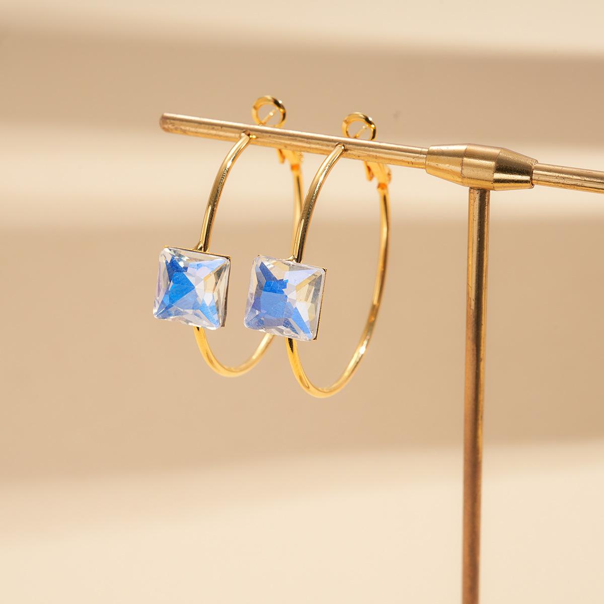 24k real gold electroplated diamond-set round ring square silver needle earrings European and American light luxury earrings niche earrings