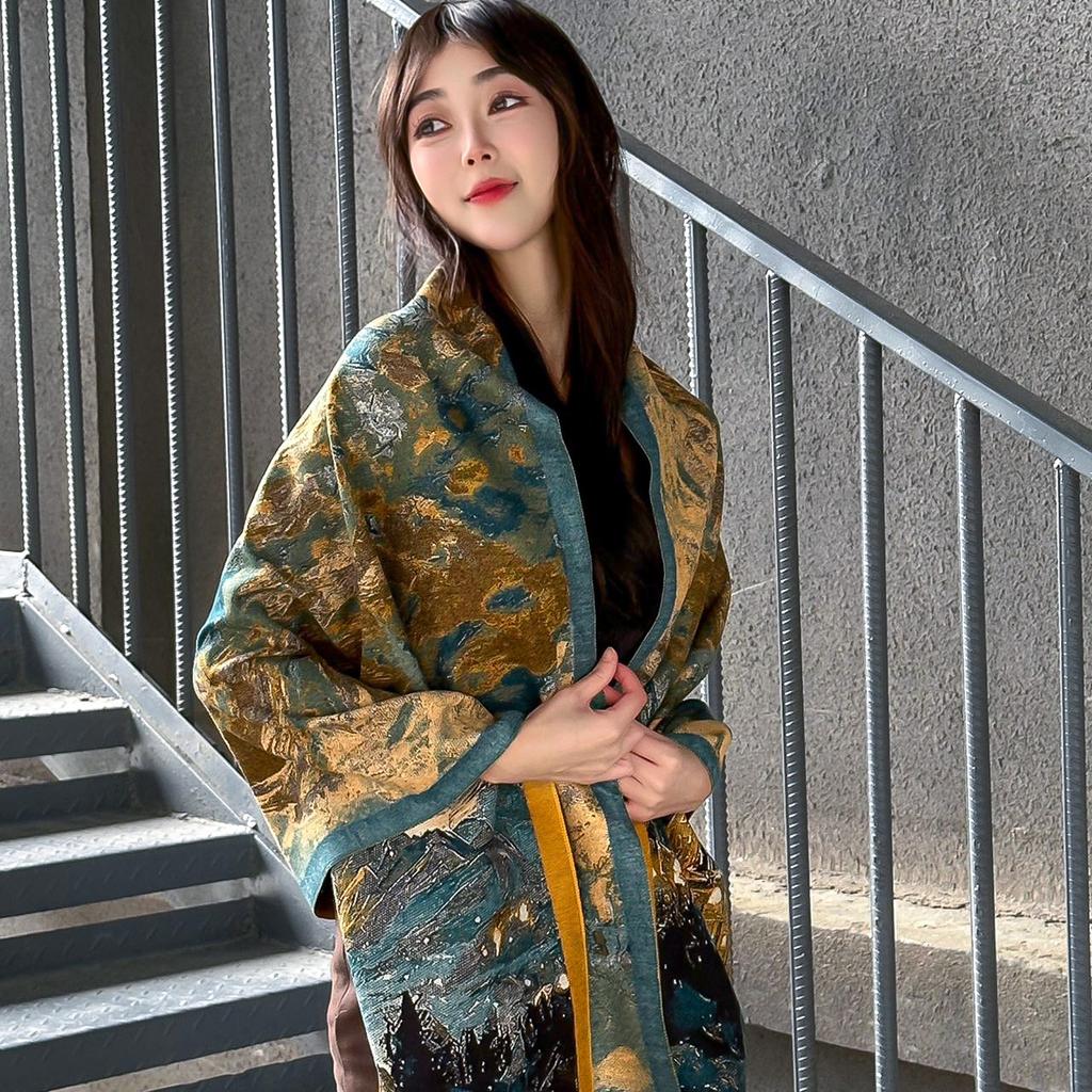 Korean High-End Scarf Castle Oil Painting Style Versatile Shawl Printed Scarf