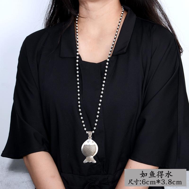 Colier cu pandantiv Lacătul Păcii Argintiu Retro - Lanț Lung pentru Pulover pentru Femei, cu Patru Laturi pentru Avere, în Stil Național