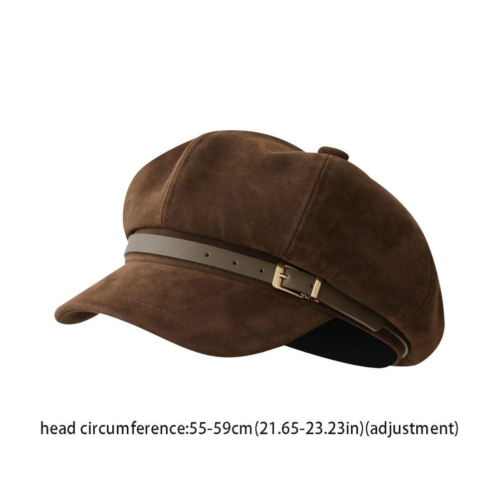 Fashion British Style Pu Leather Beret Belt Buckle Retro Suede Octagonal Hat Artist Hat Brown Painter Hat Girl