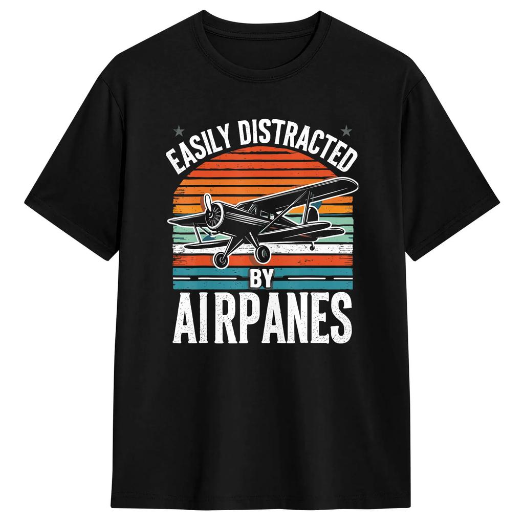 Makkelijk Afgeleid Door Vliegtuigen Grappige Vliegtuig Liefhebbers Citaat Mannen T-shirt Nieuwigheid T-shirts Korte Mouw Ronde Hals T-shirts Katoenen Tops