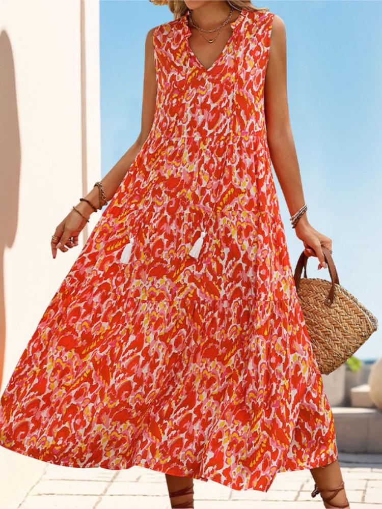 Tassel Lace Up Fashion New Mid Length Skirt Summer Vacation Style Sexy Sleeveless V-neck Abstract Print Casual Loose Dress